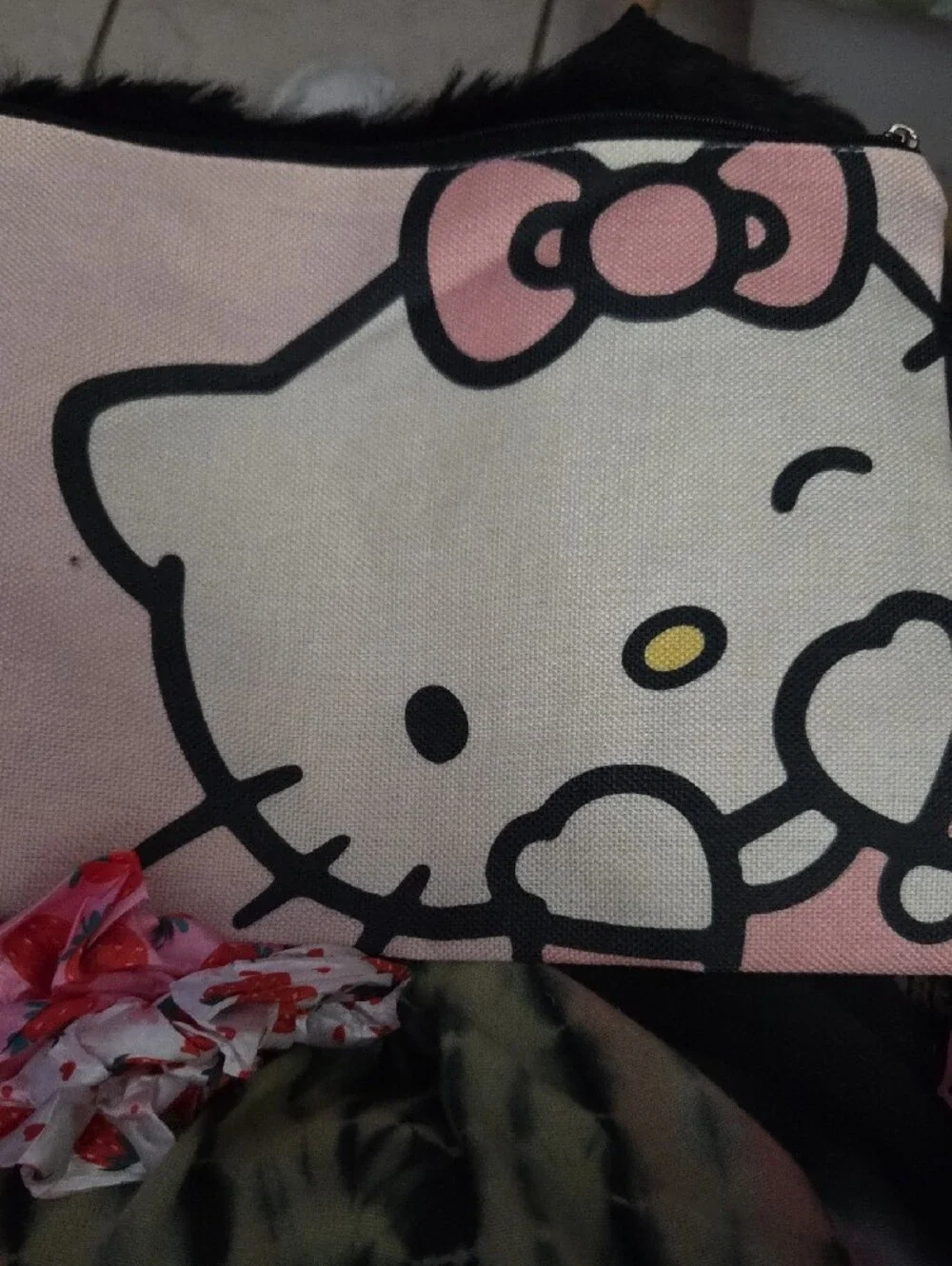 Hello Kitty Pink Canvas Pouch with 2 Pink and White Strawberry Scrunchies NWOT